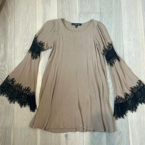 For Love and Lemons XS Festival Dress Camel Black Lace Bell Sleeve